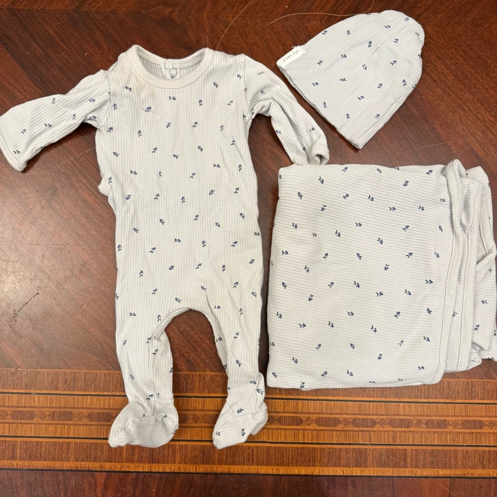 Baby Ribbed Footie, Hat & Blanket Set - Light Blue with Navy Motif